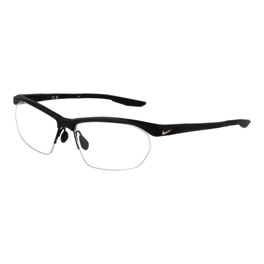 Nike Black Men Glasses Frame, half-rim stainless steel black rectangle eyewear with demo lenses, size 58-15-145, includes branded case.