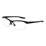 Nike Black Men Glasses Frame, half-rim stainless steel black rectangle eyewear with demo lenses, size 58-15-145, includes branded case.
