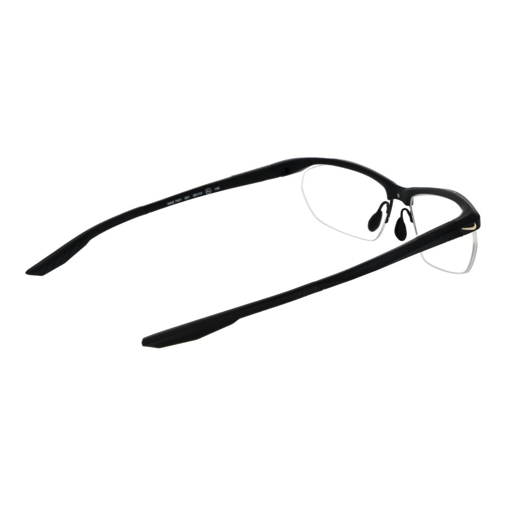 Nike Black Men Glasses Frame in half-rim stainless steel design with demo lenses, size 58-15-145, black color.
