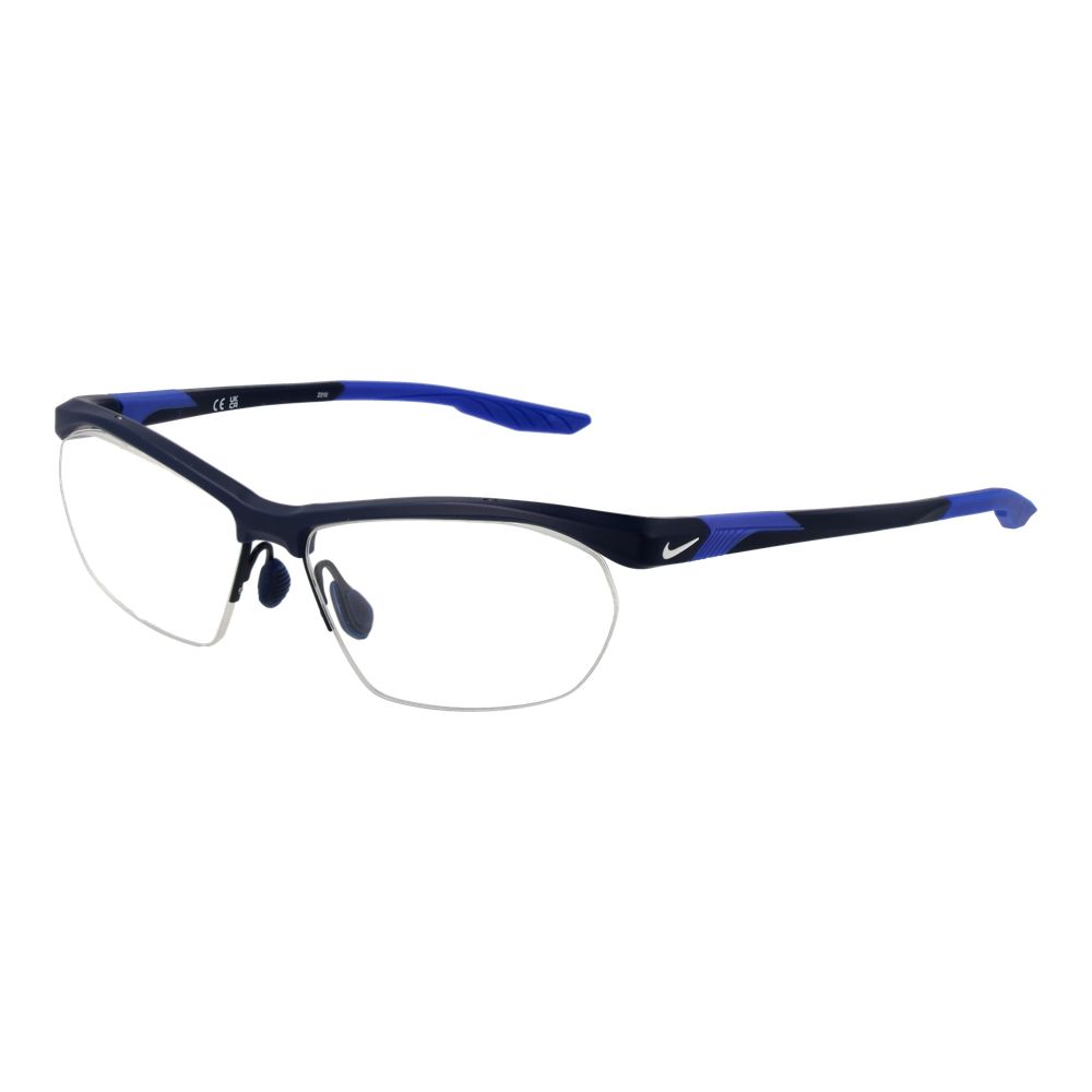 Nike Blue Men Glasses Frame stainless steel half-rim, rectangle design, size 58-15-145, includes branded case, stylish and modern look.