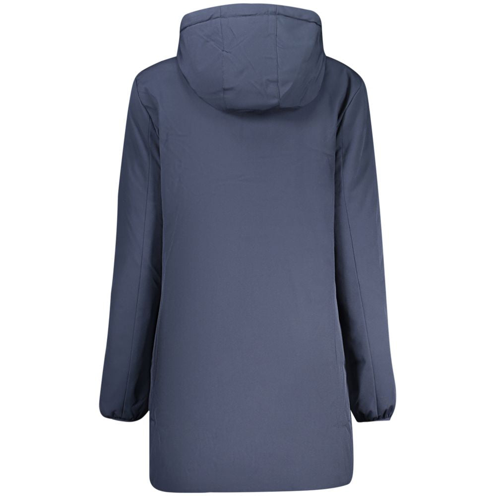 Back view of North Sails Blu Polyester Women's Jacket with hood and long sleeves in blue color.