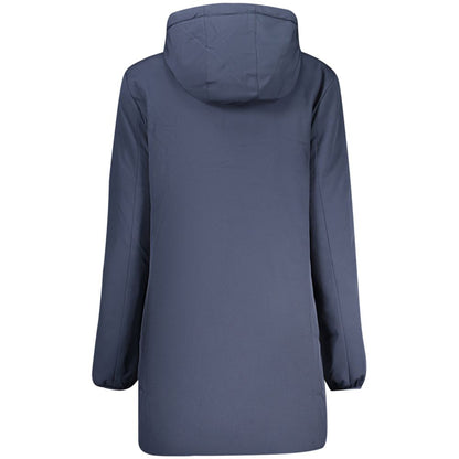 Back view of North Sails Blu Polyester Women's Jacket with hood and long sleeves in blue color.