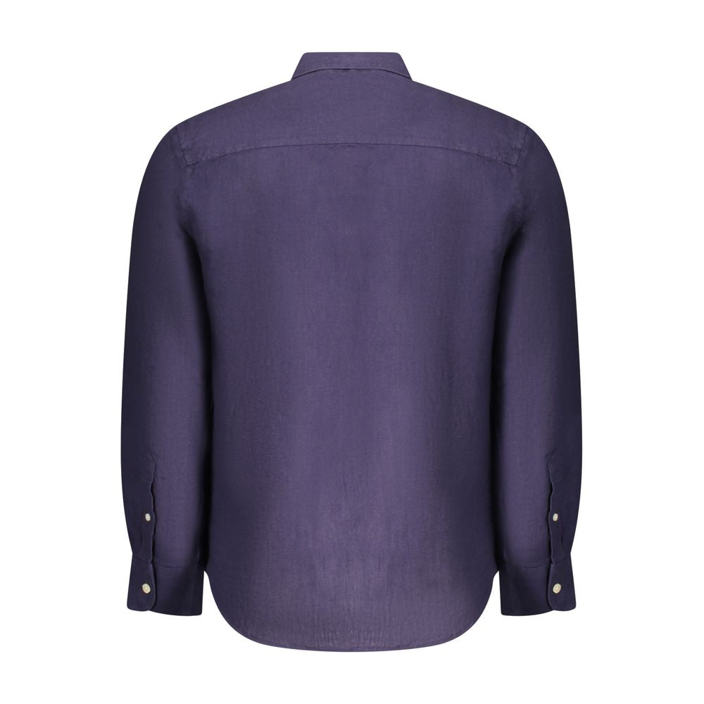 Back view of North Sails Blue Linen Men Shirt with Italian collar and 1-button cuffs, showcasing timeless elegance and superior craftsmanship.