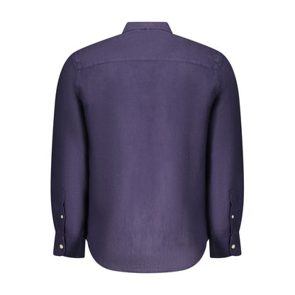 Back view of North Sails Blue Linen Men Shirt with Italian collar and 1-button cuffs, showcasing timeless elegance and superior craftsmanship.