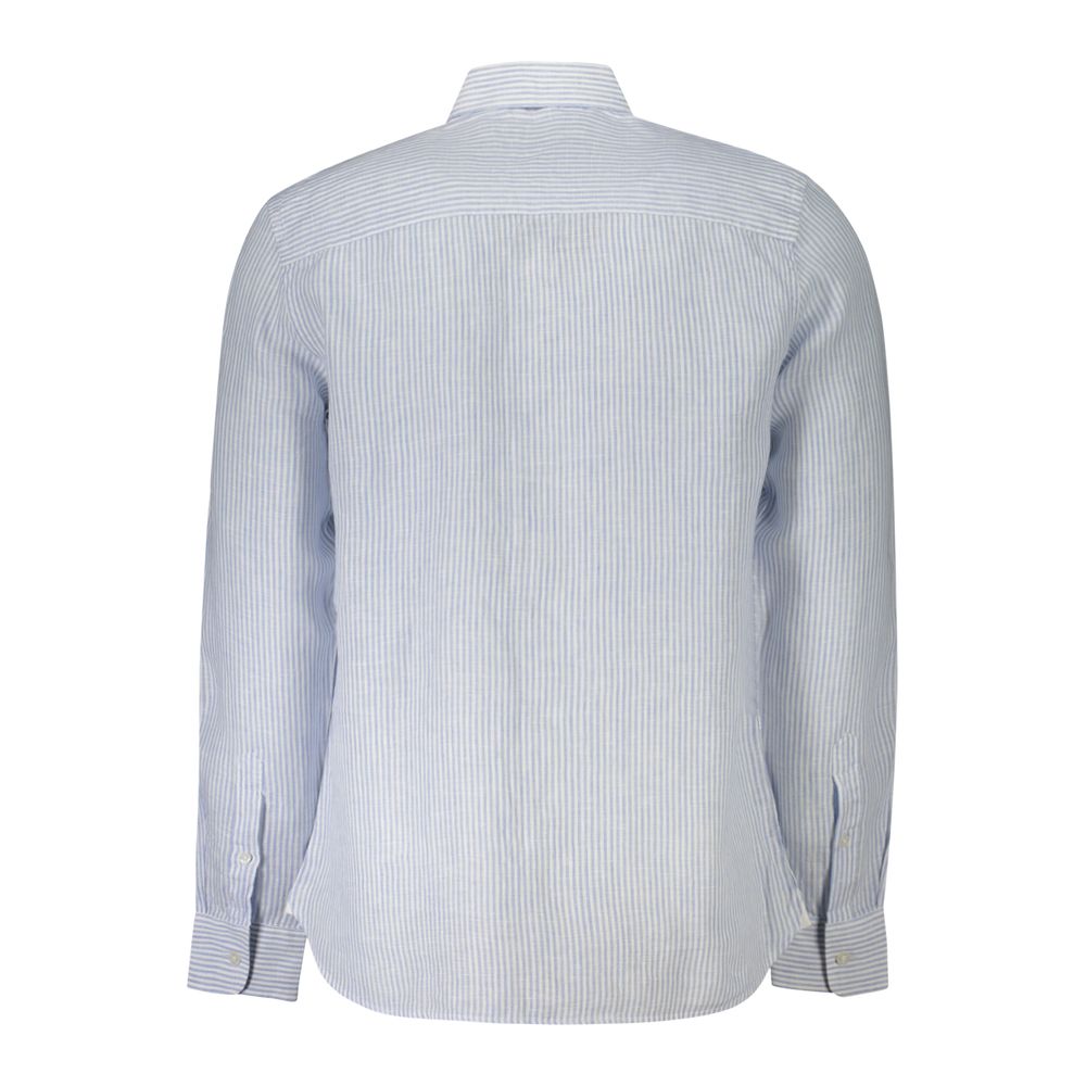 Back view of North Sails Blue Linen Shirt with long sleeves, French collar, striped pattern, and logo embroidery.