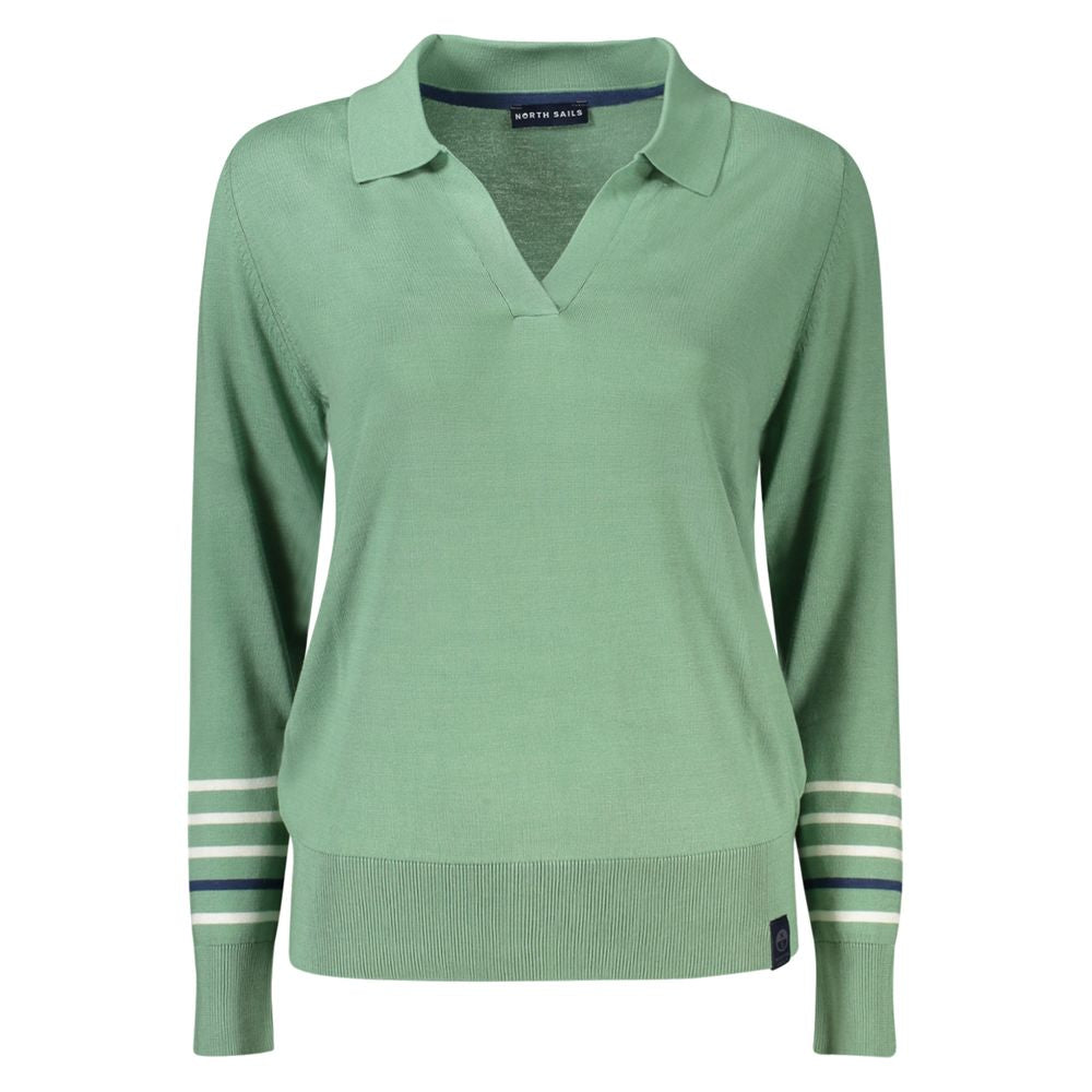 North Sails Green Cotton Women Sweater with V-neck and long sleeves, showcasing contrasting details, epitomizing casual sophistication.