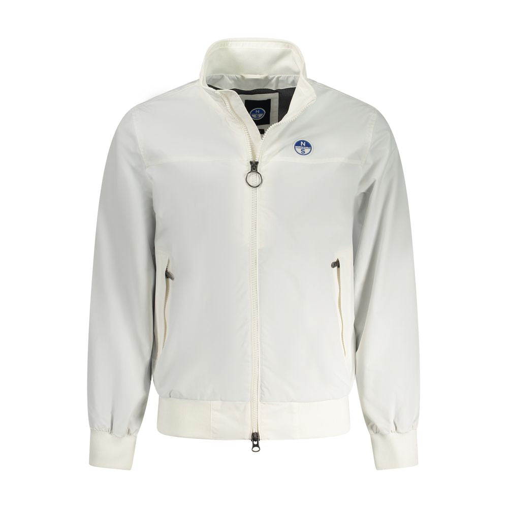 North Sails White Polyamide Men Jacket with zip closure and pockets, showcasing sleek design and subtle branding, ideal for modern men.