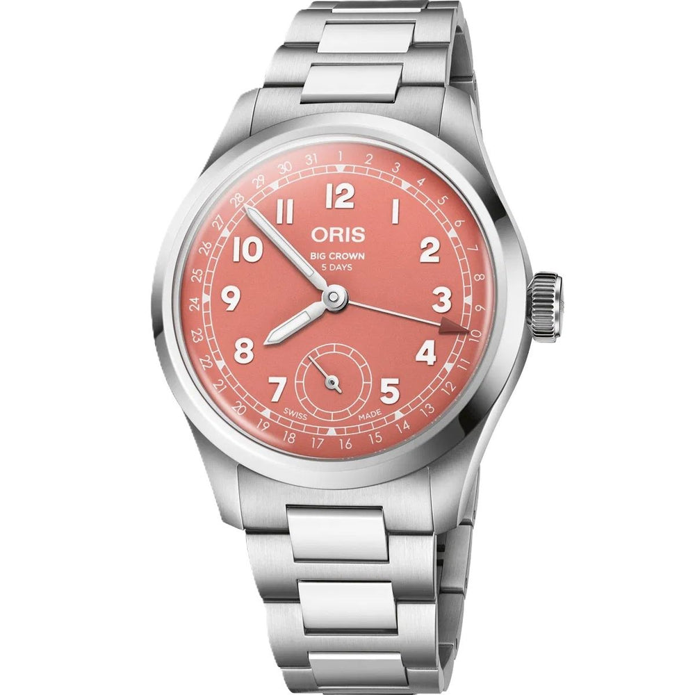 Silver stainless steel watch with a coral pink dial, ORIS MOD. 403779940680782006.