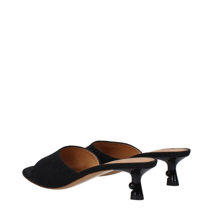 Side view of Off-White Black Linen Flat Sandals with open toe and mid heels, featuring leather sole and 5 cm heel height.