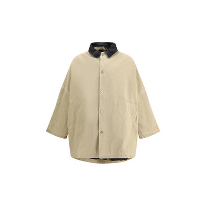 PDF Channel Beige Cotton Clothing - Oversized jacket with denim collar, front button closure, and asymmetrical hem.