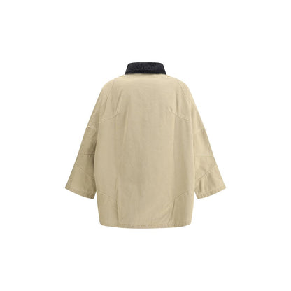 Back view of PDF Channel Beige Cotton Clothing featuring oversized jacket with contrasting denim collar and asymmetrical hem.
