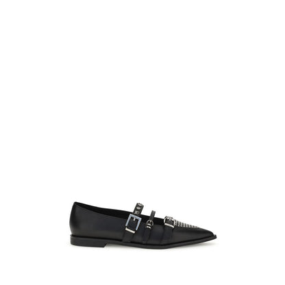 PINKO Black Calf Leather Bos Taurus Ballet Flats with studded almond toe and three-buckle closure on a white background.