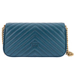 PINKO Blue Calfskin Women Crossbody Bag with matelassé pattern and bird detail, featuring a gold chain strap and magnetic flap closure.