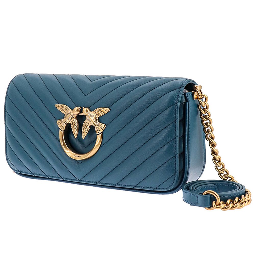 PINKO Blue Calfskin Women Crossbody Bag with matelassé design and bird detail, featuring adjustable strap and magnetic flap closure.