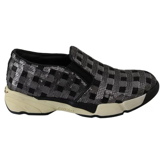 PINKO PINKO Silver Black Slip-on Sequence Design Sneakers Shoes 1728,67345645728,Black,EU39/US8.5,Material: Leather,New with tags,PINKO,Shoes,Sneakers - Women - Shoes,Women,Women - Shoes LA8326-39