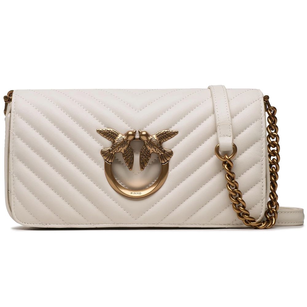 PINKO White Calfskin Women Crossbody Bag with bird detail and adjustable strap, luxurious matelassé design, flap closure, elegant style