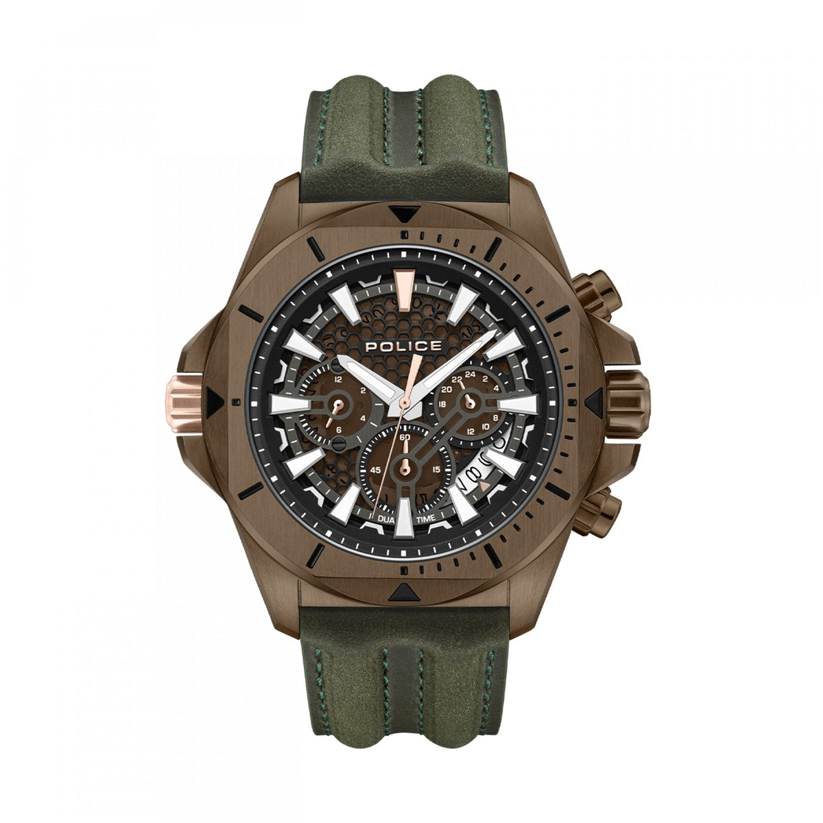 POLICE WATCHES Mod. PEWGF0054502 with green strap and bronze case.