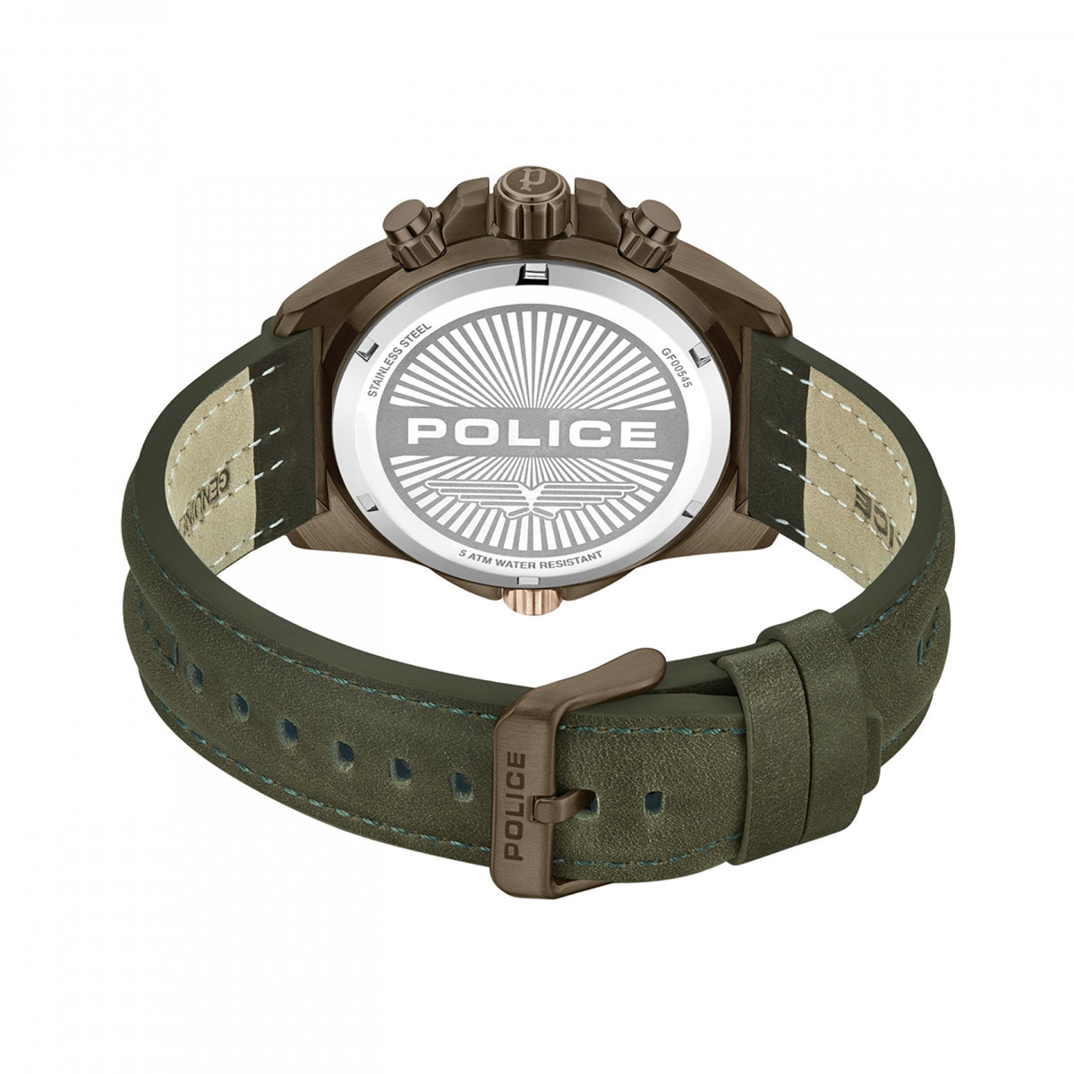 Rear view of POLICE WATCHES Mod. PEWGF0054502 featuring green leather strap and branded back case.