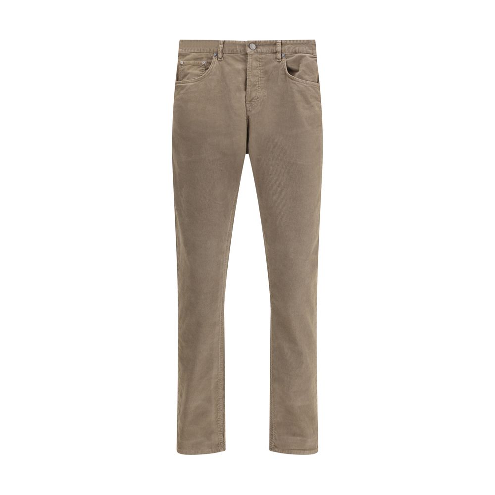 PT Torino Beige Cotton Casual Pants with straight fit and corduroy design, featuring front button closure and leather patch detail.