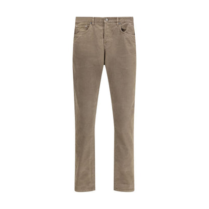 PT Torino Beige Cotton Casual Pants with straight fit and corduroy design, featuring front button closure and leather patch detail.