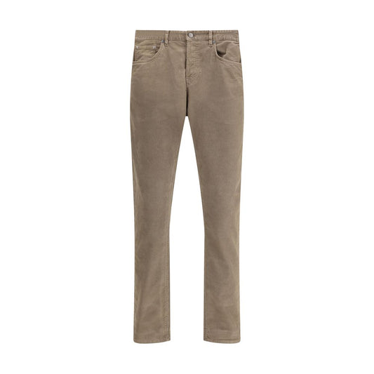 PT Torino Beige Cotton Casual Pants with straight fit and corduroy design, featuring front button closure and leather patch detail.