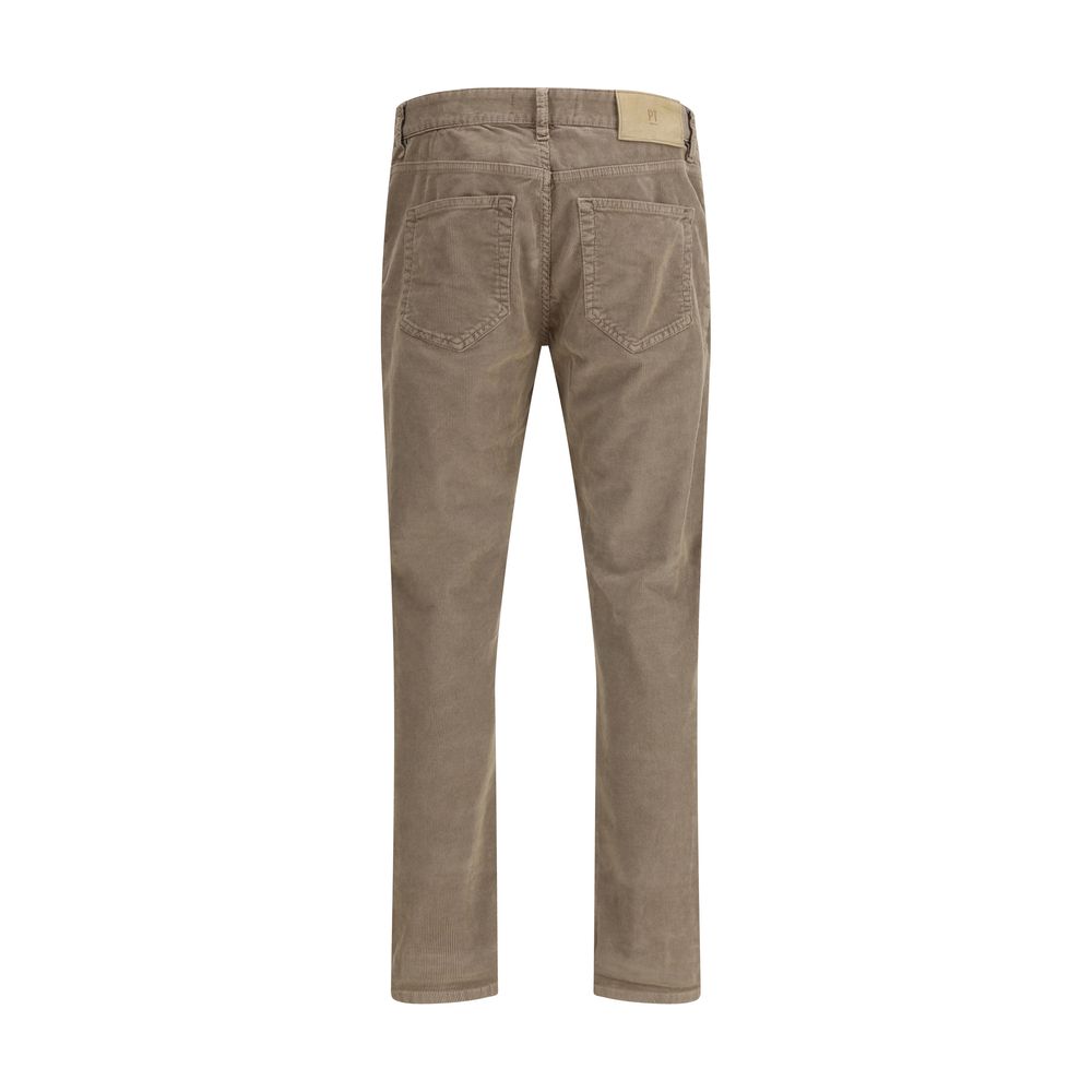 Back view of PT Torino Beige Cotton Casual Pants with signature leather patch, showcasing corduroy design and five-pocket style.