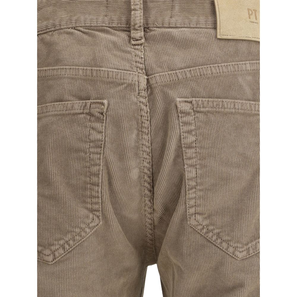 Back view of PT Torino Beige Cotton Casual Pants with corduroy texture and leather patch detailing.