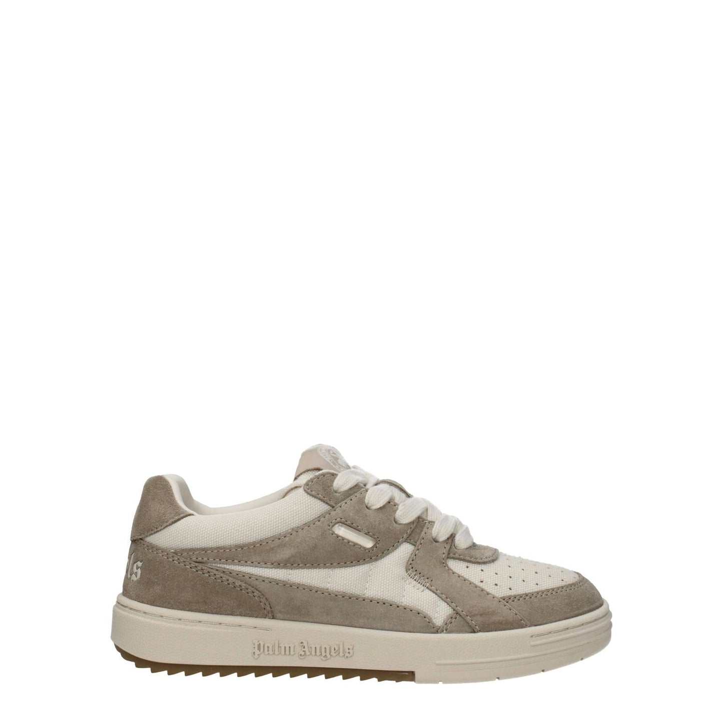Palm Angels Beige Fabric Low Top Sneakers with suede material, round toe, and lace-up closure on a rubber sole. Sporty glam style.