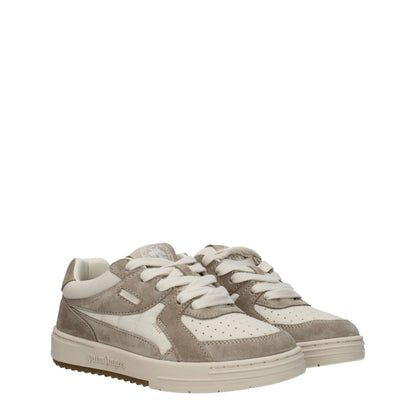 Palm Angels Beige Fabric Low Top Sneakers with logos on front, side, and back, suede material, rubber sole, and lace-up closure.