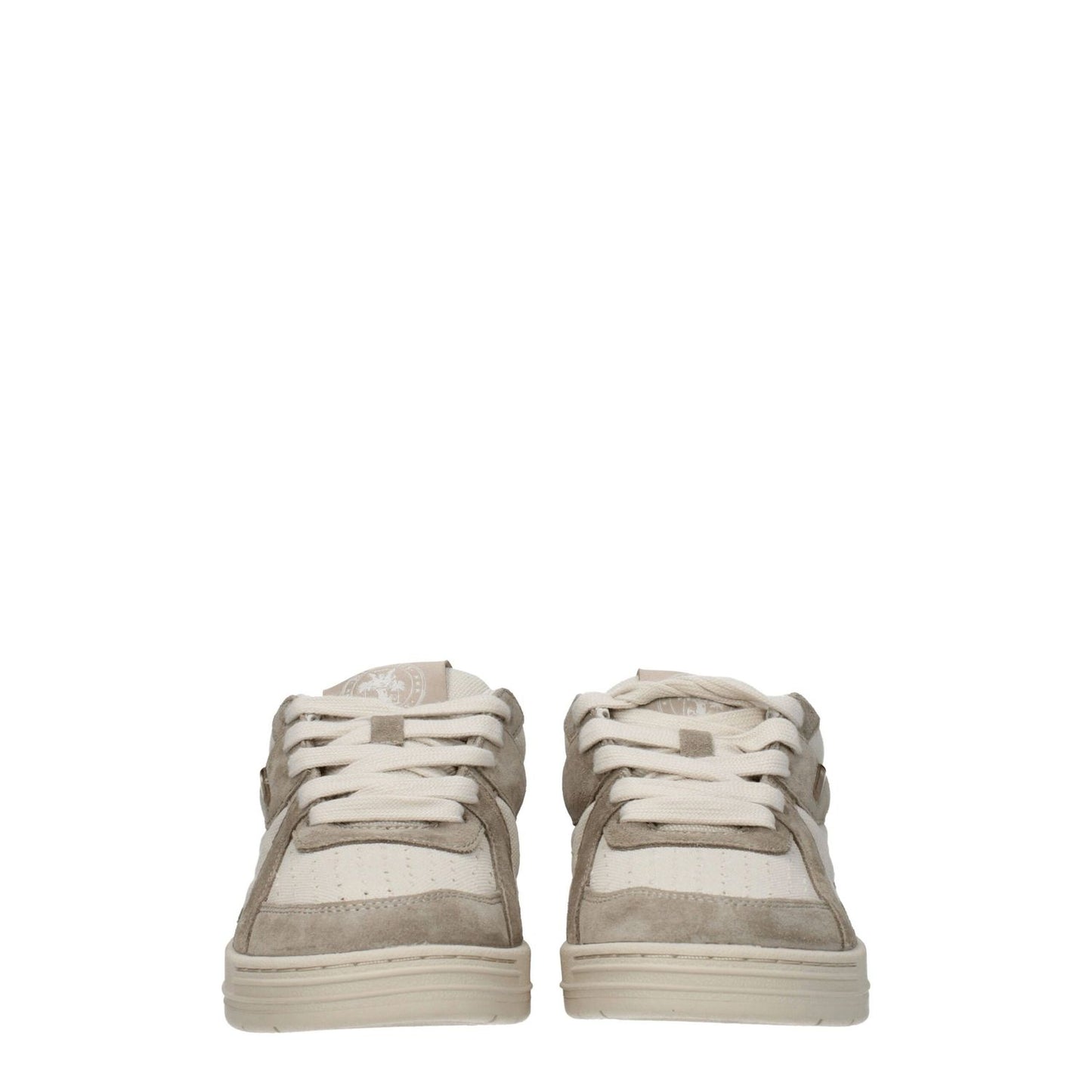 Front view of Palm Angels Beige Fabric Low Top Sneakers with suede and rubber sole.