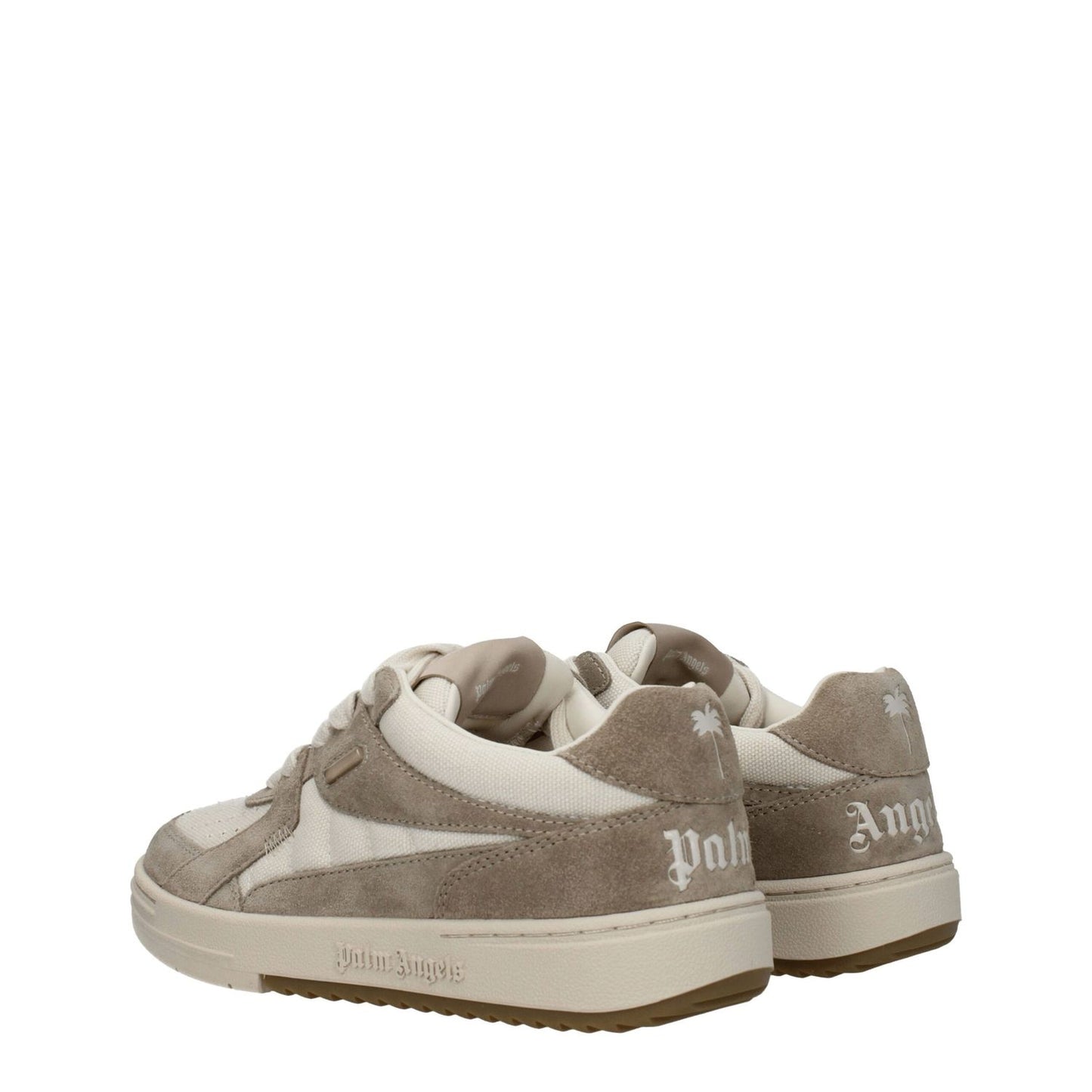 Palm Angels Beige Fabric Low Top Sneakers with logos, suede material, and rubber sole, showing a sporty glam style and lace-up closure.