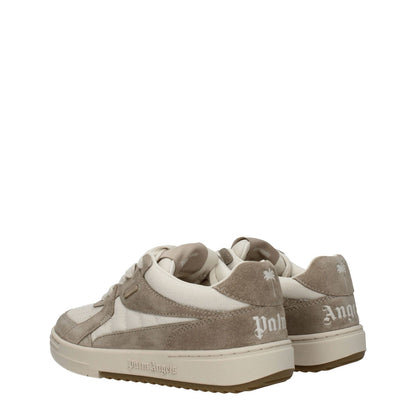 Palm Angels Beige Fabric Low Top Sneakers with logos, suede material, and rubber sole, showing a sporty glam style and lace-up closure.