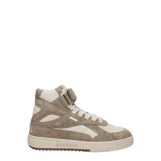 Palm Angels Beige Leather High Top Sneakers with strap closure and logos, featuring a sporty glam style and suede finish, side view.