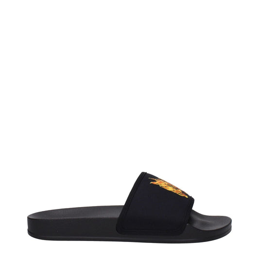 Palm Angels Black Fabric Slippers with open toe and rubber sole, featuring a front logo design.