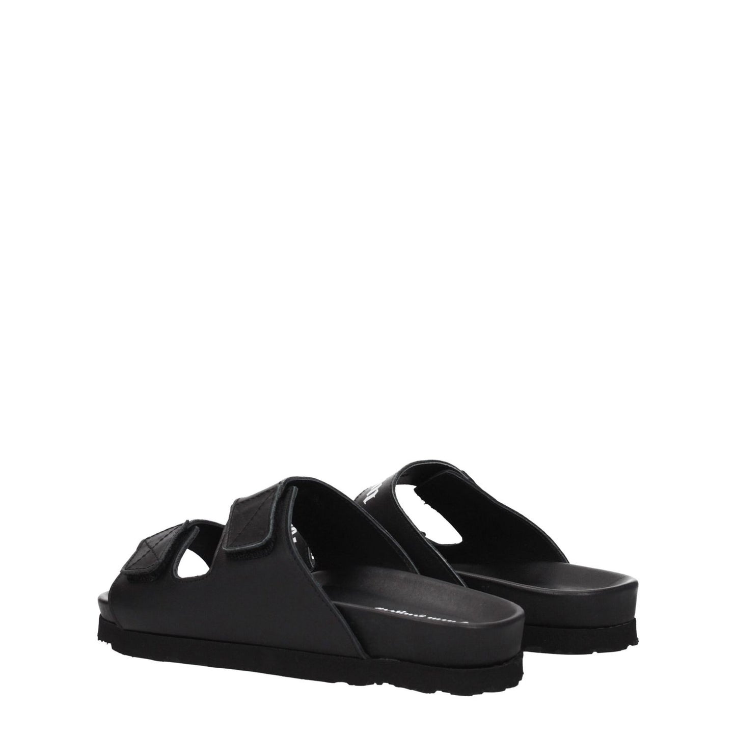 Palm Angels Black Leather Flat Sandals with strap closure and rubber sole, showcasing casual design and front logo detail.