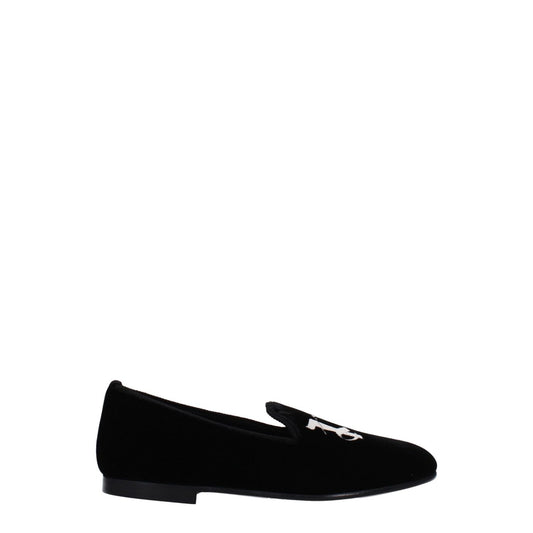 Palm Angels Black Velvet Slip-On Loafers with front logo, round toe, and leather sole.