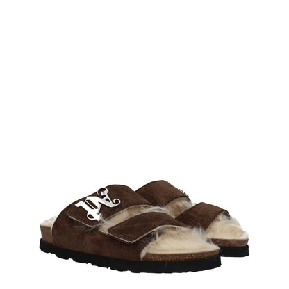 Palm Angels Brown Leather Slippers with logo, suede material, open toe, strap closure, and rubber sole.
