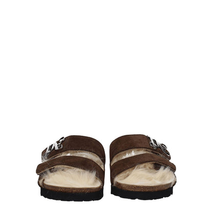 Palm Angels Brown Leather Slippers with front logo, suede material, open toe, strap closure, rubber sole, casual style