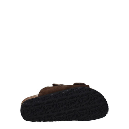 Palm Angels Brown Leather Slippers underside view with rubber sole, suede material, and strap closure.
