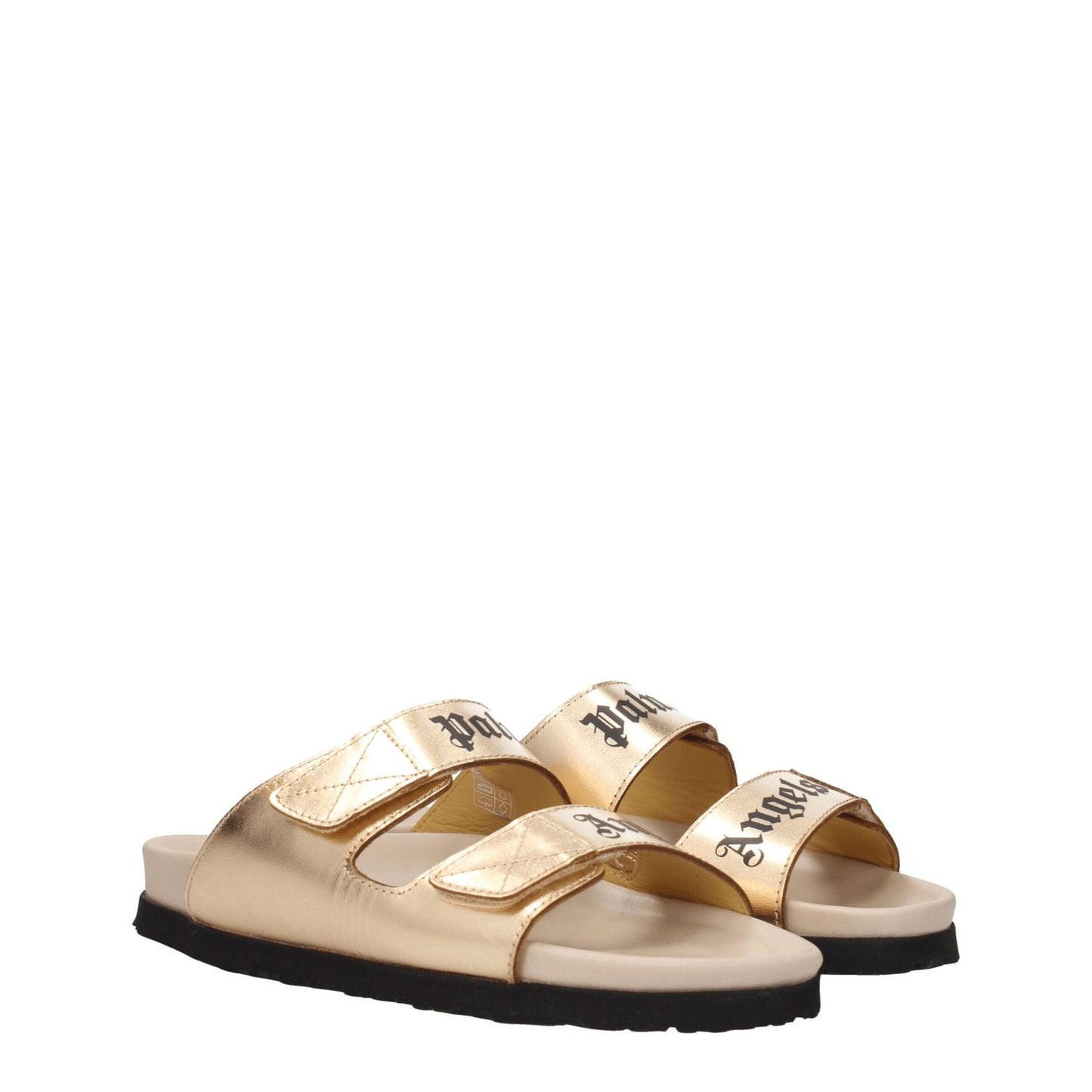 Palm Angels Gold Leather Slippers with metallic effect and front logo, featuring strap closure and rubber sole.