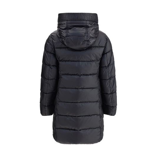 Back view of Parajumpers Marion Down Jacket in black, showcasing long, quilted design with fixed hood for winter style and functionality.