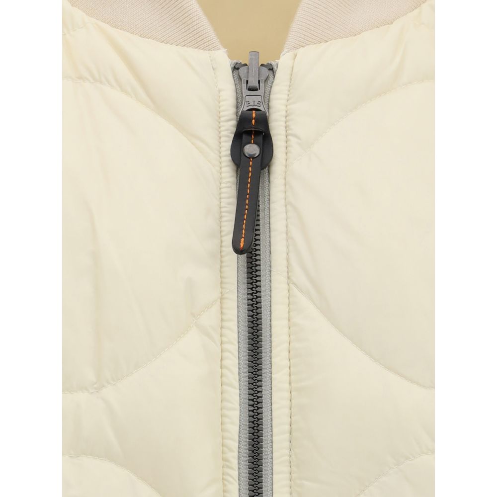 Close-up of Parajumpers White Polyester Clothing zipper detail on reversible bomber with quilted design.