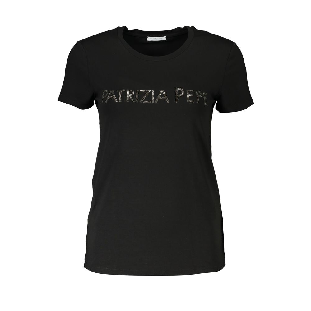 Patrizia Pepe Black Organic Cotton Women T-Shirt with rhinestone logo, short sleeves, crew neck, chic design, luxury comfort.