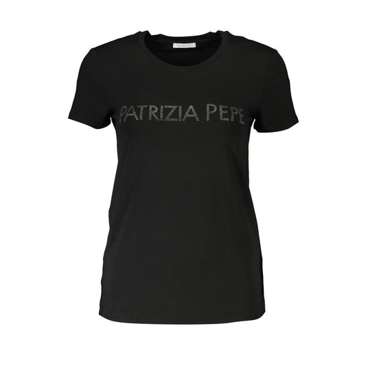 Patrizia Pepe Black Organic Cotton Women T-Shirt with rhinestone logo, short sleeves, crew neck, chic design, luxury comfort.
