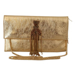 Patrizia Pepe Gold Leather Embellished Shoulder Strap Bag with missing crystal chains, featuring gold metal details and a magnetic flap closure.