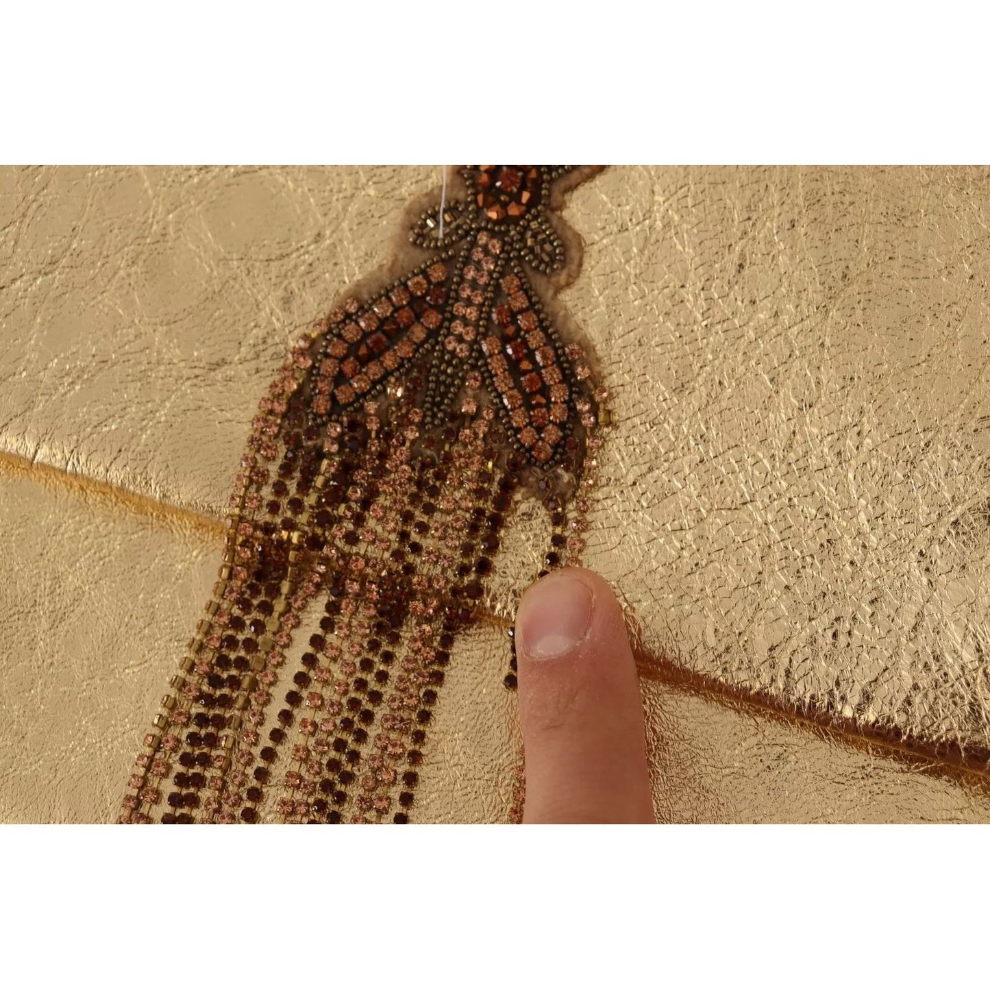 Close-up of Patrizia Pepe Gold Leather Embellished Shoulder Strap Bag showing missing crystal chains.