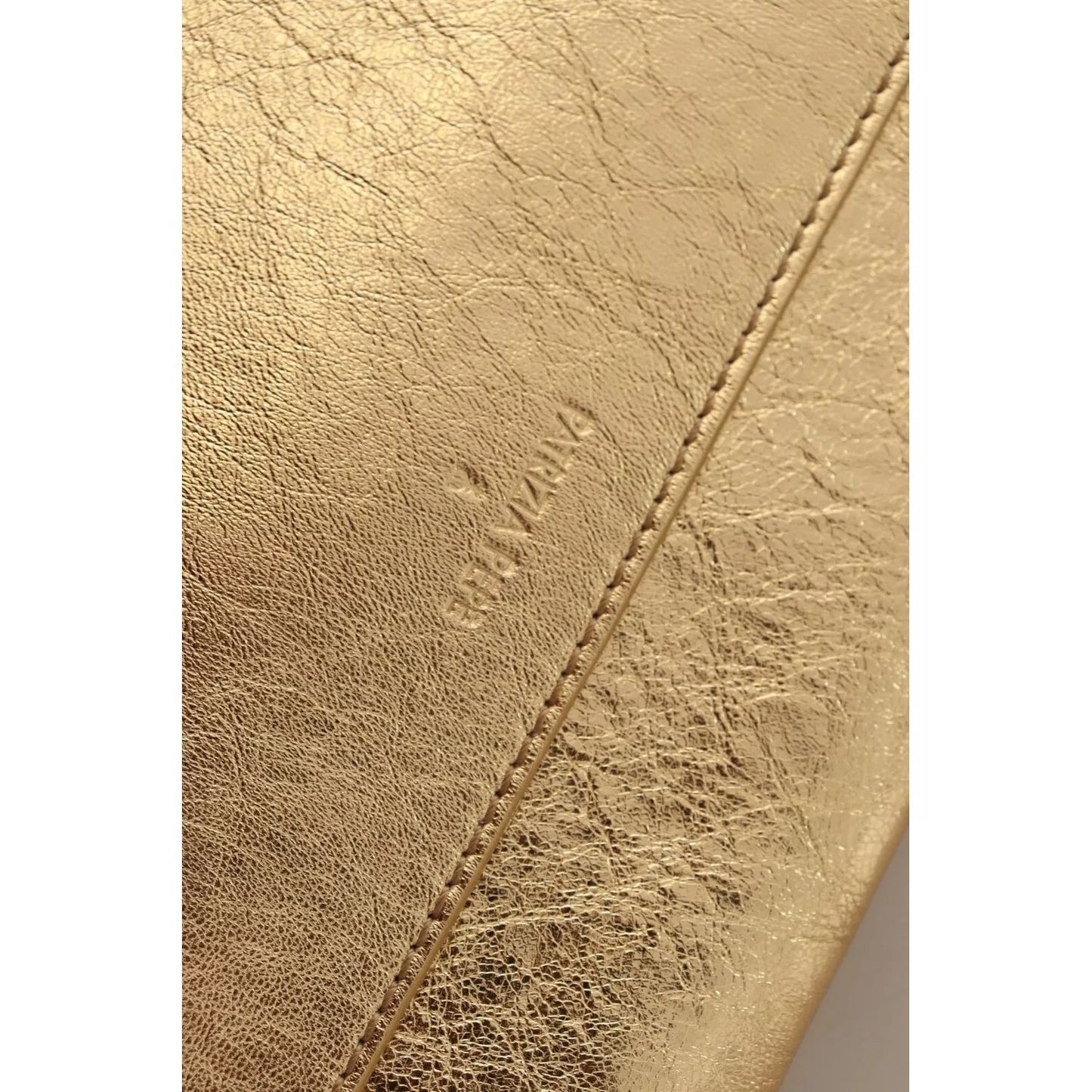 Close-up of Patrizia Pepe Gold Leather Embellished Shoulder Strap Bag texture and logo detail.
