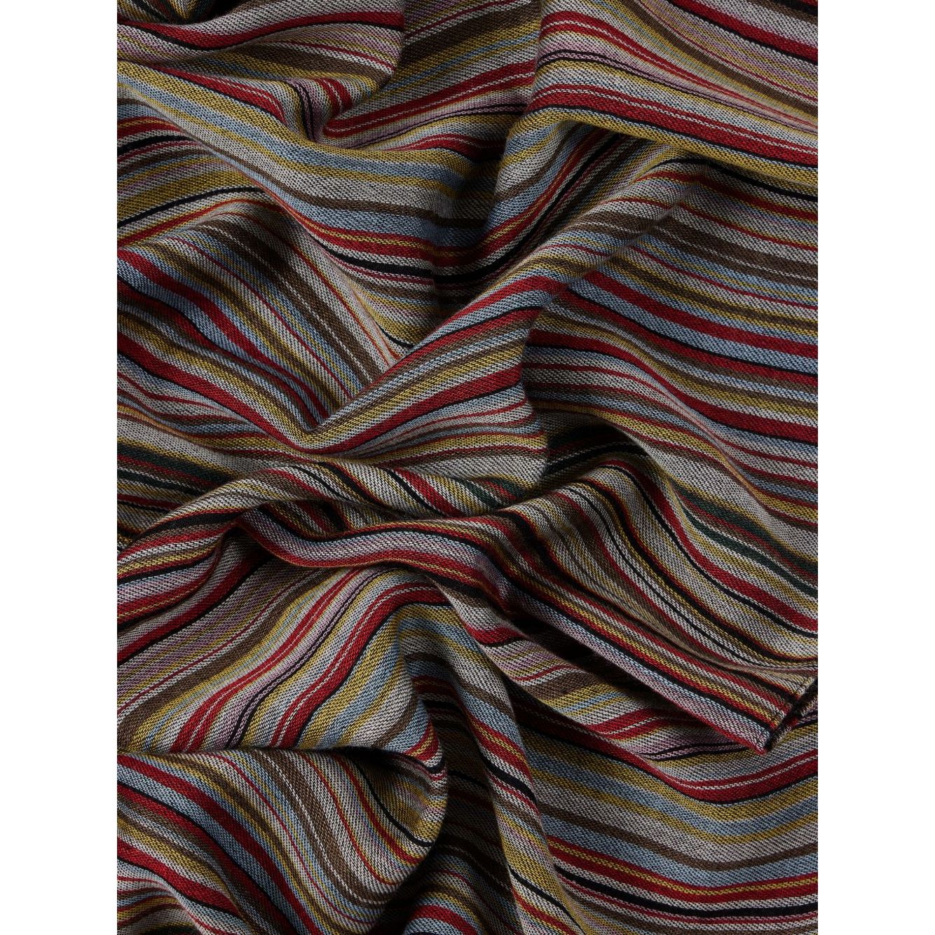 Paul Smith Signature Stripe wool and silk scarf in dark red with frayed edges, featuring a wraparound style and multicolored stripes.