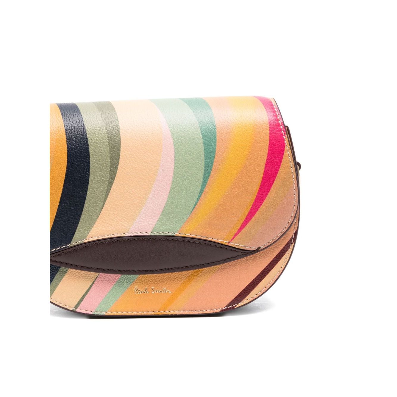 Paul Smith Swirl Leather Saddle Bag with multicolor swirl pattern and brown leather trim, features adjustable strap and flap closure