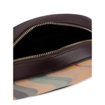 Paul Smith Swirl leather crossbody bag with cedar brown top zip fastening, showing main compartment. Size: Width 22cm, Height 15cm.